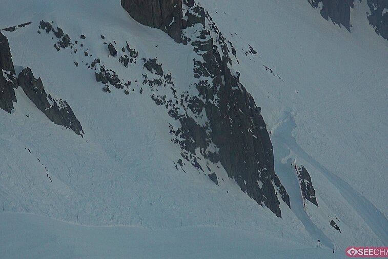 Webcam view from the top of the Brevent (2525 metres) overlooking Planpraz and the Brevent ski area in Chamonix