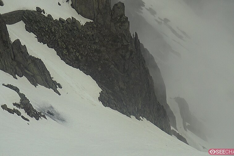 Webcam view from the top of the Brevent (2525 metres) overlooking Planpraz and the Brevent ski area in Chamonix