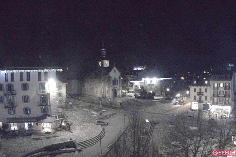 View from a webcam at the back of Chamonix's Cinema overlooking the Chamonix tourist office, the Catholic church, and the Maison de la Montagne
