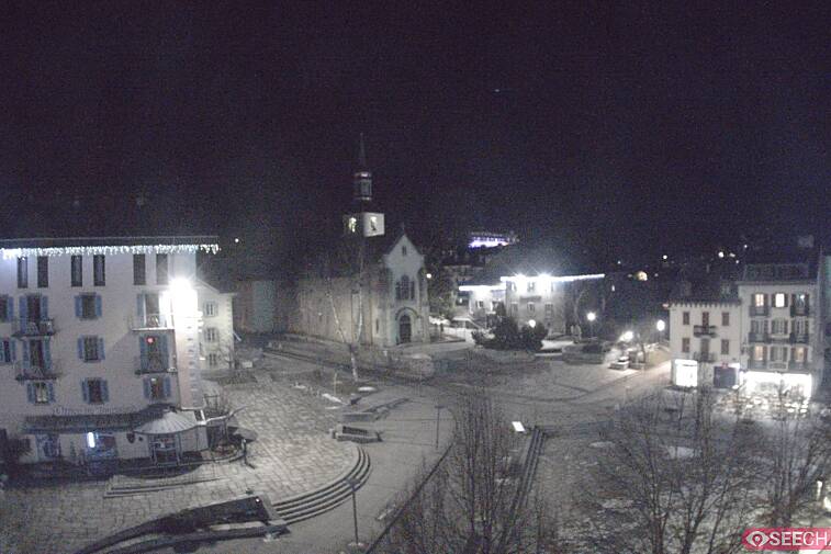 View from a webcam at the back of Chamonix's Cinema overlooking the Chamonix tourist office, the Catholic church, and the Maison de la Montagne