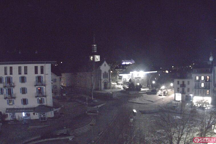 View from a webcam at the back of Chamonix's Cinema overlooking the Chamonix tourist office, the Catholic church, and the Maison de la Montagne