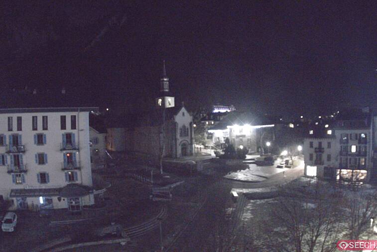 View from a webcam at the back of Chamonix's Cinema overlooking the Chamonix tourist office, the Catholic church, and the Maison de la Montagne