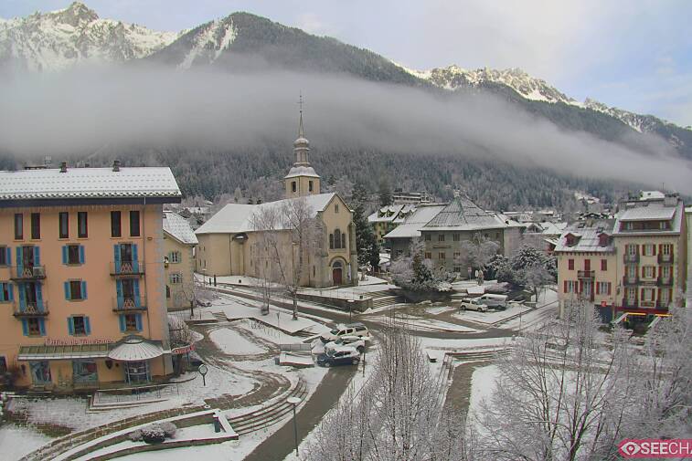 View from a webcam at the back of Chamonix's Cinema overlooking the Chamonix tourist office, the Catholic church, and the Maison de la Montagne