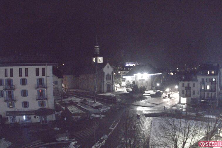 View from a webcam at the back of Chamonix's Cinema overlooking the Chamonix tourist office, the Catholic church, and the Maison de la Montagne