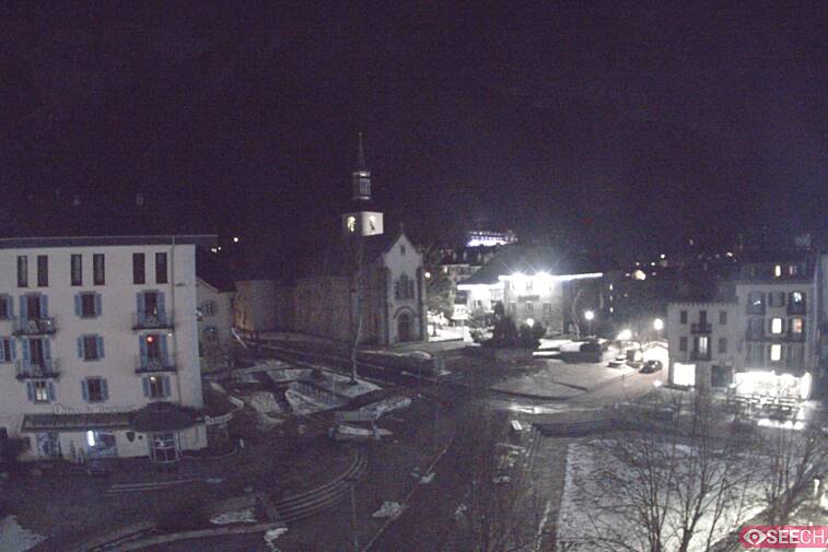 View from a webcam at the back of Chamonix's Cinema overlooking the Chamonix tourist office, the Catholic church, and the Maison de la Montagne