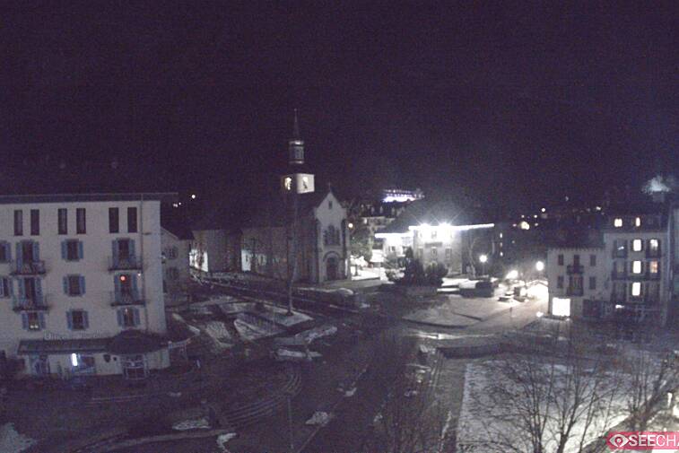 View from a webcam at the back of Chamonix's Cinema overlooking the Chamonix tourist office, the Catholic church, and the Maison de la Montagne
