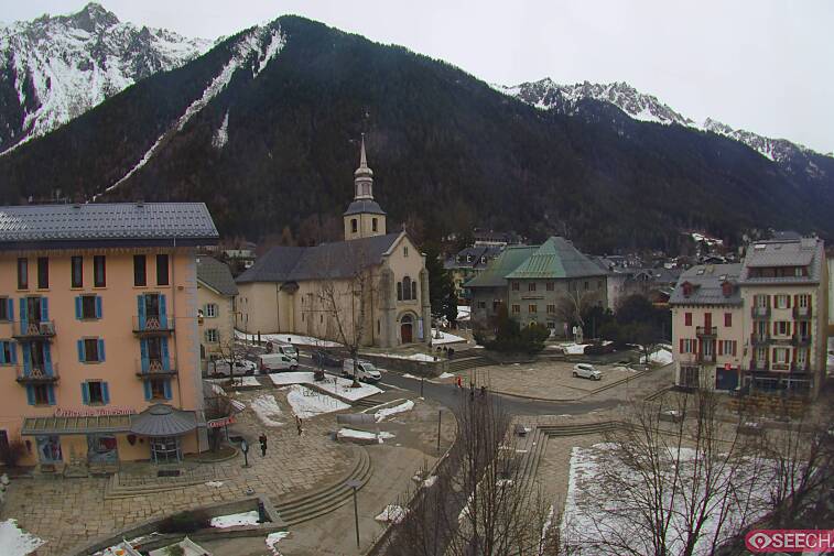 View from a webcam at the back of Chamonix's Cinema overlooking the Chamonix tourist office, the Catholic church, and the Maison de la Montagne