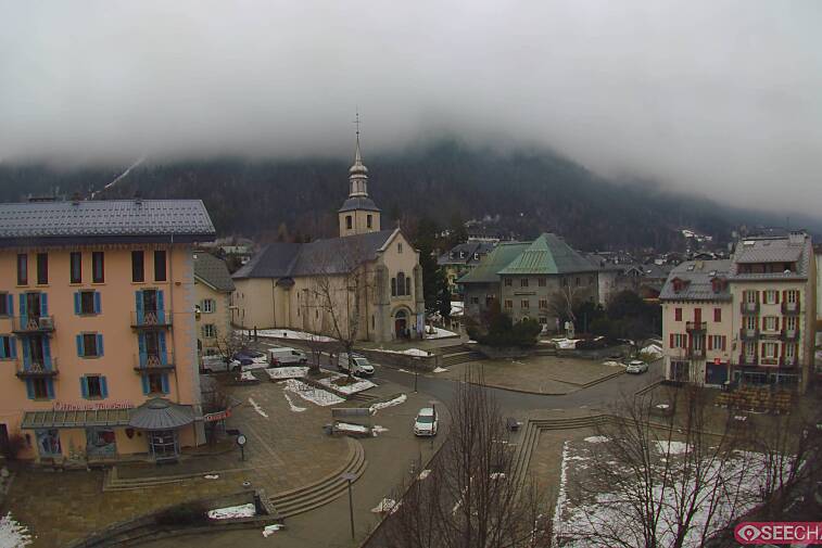View from a webcam at the back of Chamonix's Cinema overlooking the Chamonix tourist office, the Catholic church, and the Maison de la Montagne