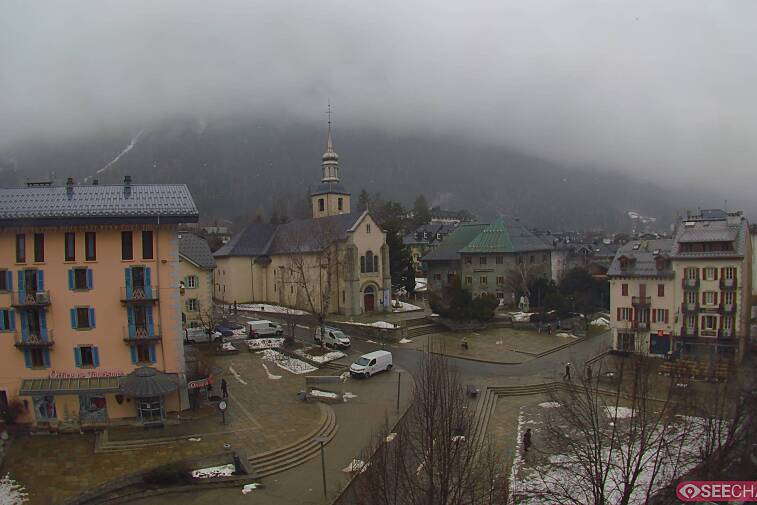 View from a webcam at the back of Chamonix's Cinema overlooking the Chamonix tourist office, the Catholic church, and the Maison de la Montagne
