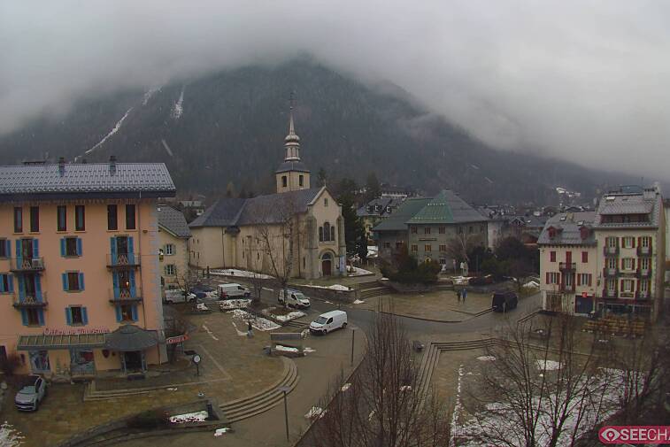 View from a webcam at the back of Chamonix's Cinema overlooking the Chamonix tourist office, the Catholic church, and the Maison de la Montagne