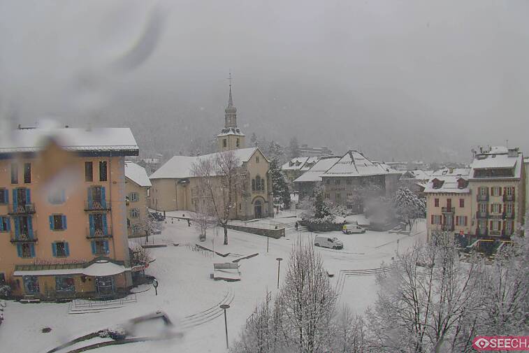 View from a webcam at the back of Chamonix's Cinema overlooking the Chamonix tourist office, the Catholic church, and the Maison de la Montagne