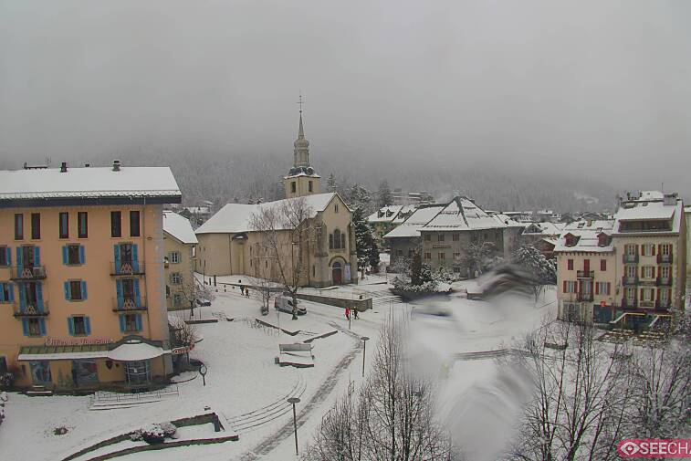 View from a webcam at the back of Chamonix's Cinema overlooking the Chamonix tourist office, the Catholic church, and the Maison de la Montagne