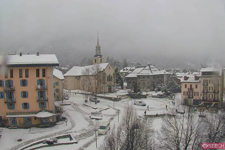 View from a webcam at the back of Chamonix's Cinema overlooking the Chamonix tourist office, the Catholic church, and the Maison de la Montagne
