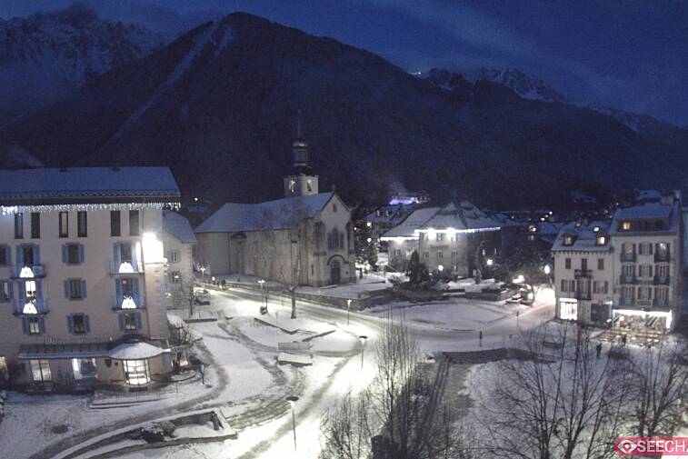 View from a webcam at the back of Chamonix's Cinema overlooking the Chamonix tourist office, the Catholic church, and the Maison de la Montagne