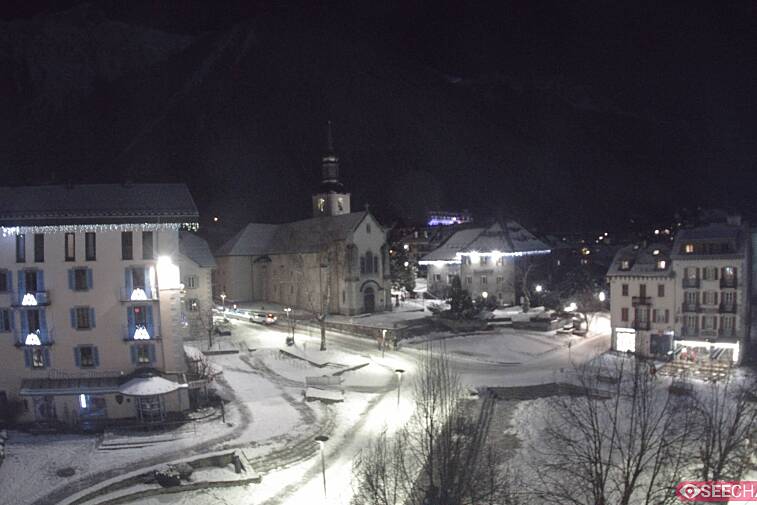 View from a webcam at the back of Chamonix's Cinema overlooking the Chamonix tourist office, the Catholic church, and the Maison de la Montagne