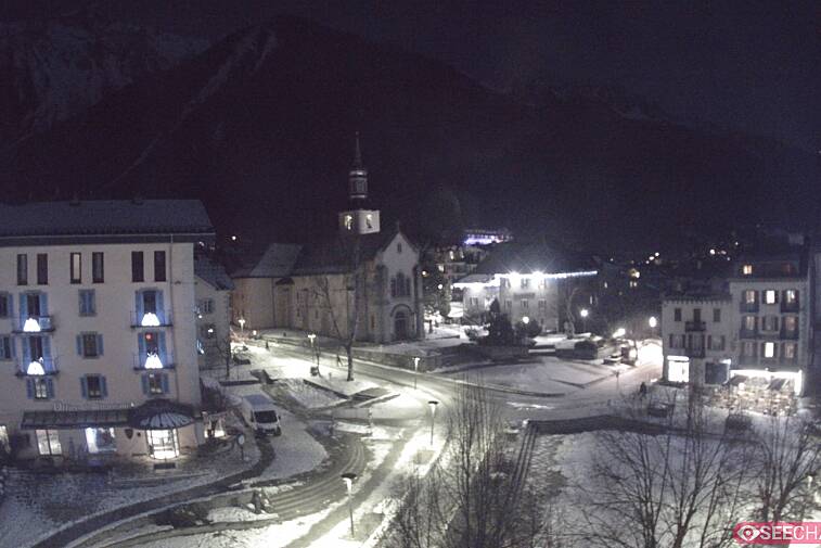 View from a webcam at the back of Chamonix's Cinema overlooking the Chamonix tourist office, the Catholic church, and the Maison de la Montagne