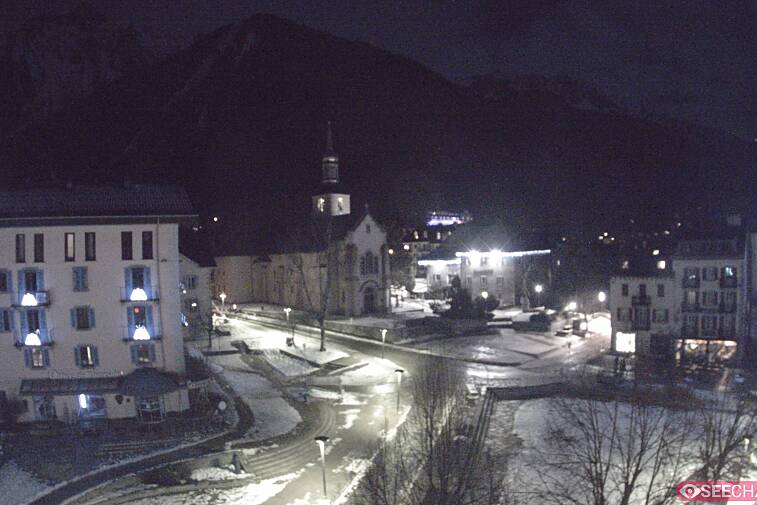View from a webcam at the back of Chamonix's Cinema overlooking the Chamonix tourist office, the Catholic church, and the Maison de la Montagne