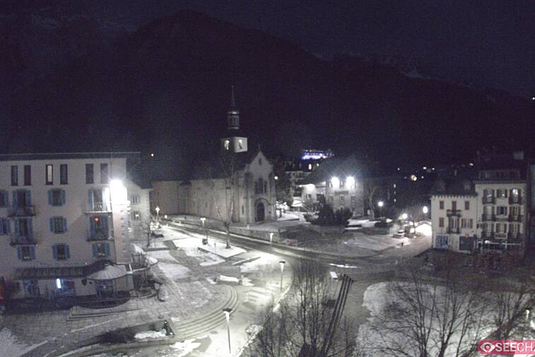 View from a webcam at the back of Chamonix's Cinema overlooking the Chamonix tourist office, the Catholic church, and the Maison de la Montagne