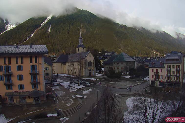 View from a webcam at the back of Chamonix's Cinema overlooking the Chamonix tourist office, the Catholic church, and the Maison de la Montagne