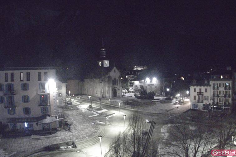 View from a webcam at the back of Chamonix's Cinema overlooking the Chamonix tourist office, the Catholic church, and the Maison de la Montagne