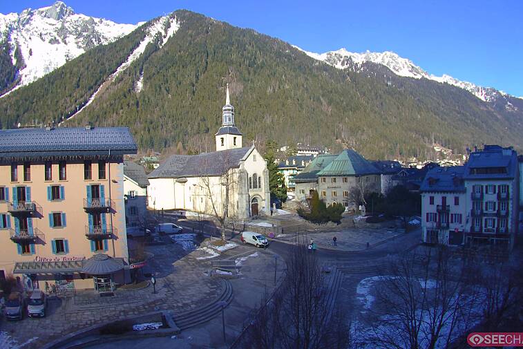View from a webcam at the back of Chamonix's Cinema overlooking the Chamonix tourist office, the Catholic church, and the Maison de la Montagne