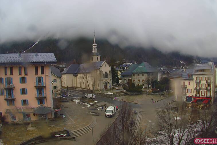View from a webcam at the back of Chamonix's Cinema overlooking the Chamonix tourist office, the Catholic church, and the Maison de la Montagne