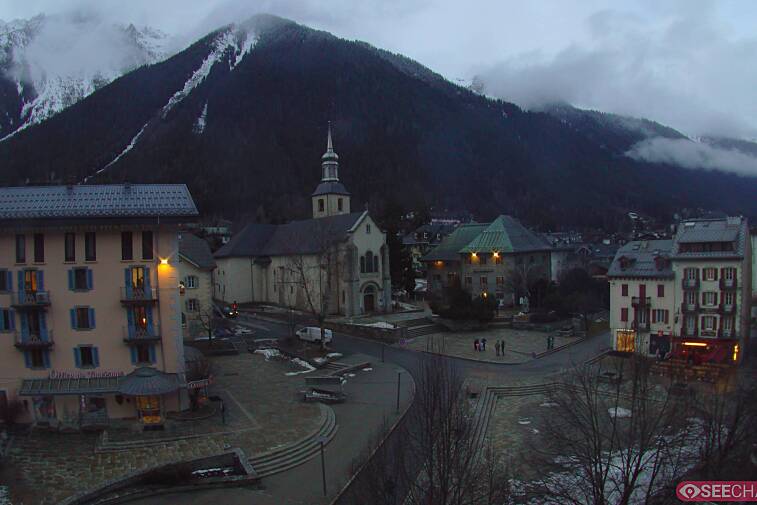 View from a webcam at the back of Chamonix's Cinema overlooking the Chamonix tourist office, the Catholic church, and the Maison de la Montagne
