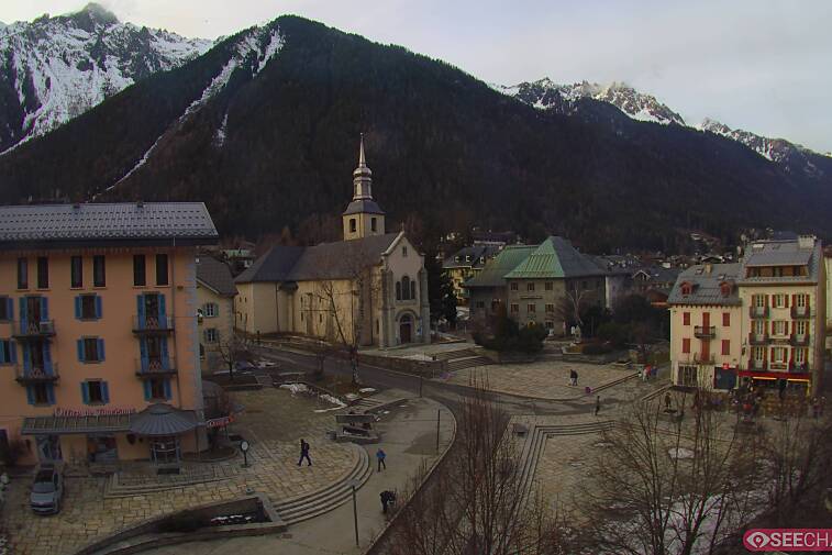 View from a webcam at the back of Chamonix's Cinema overlooking the Chamonix tourist office, the Catholic church, and the Maison de la Montagne