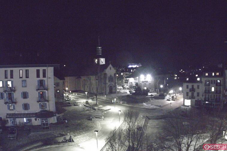 View from a webcam at the back of Chamonix's Cinema overlooking the Chamonix tourist office, the Catholic church, and the Maison de la Montagne