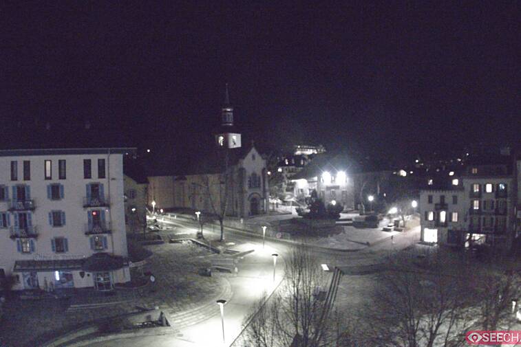 View from a webcam at the back of Chamonix's Cinema overlooking the Chamonix tourist office, the Catholic church, and the Maison de la Montagne