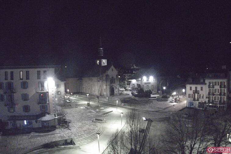 View from a webcam at the back of Chamonix's Cinema overlooking the Chamonix tourist office, the Catholic church, and the Maison de la Montagne