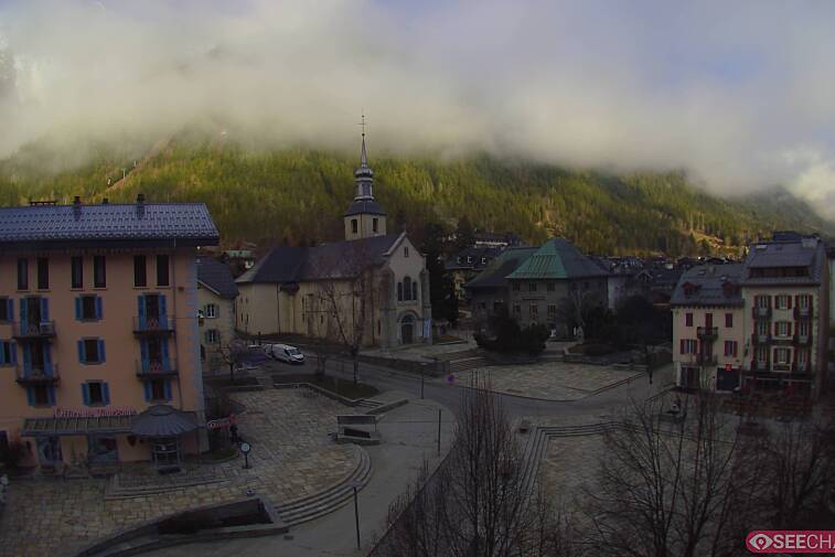 View from a webcam at the back of Chamonix's Cinema overlooking the Chamonix tourist office, the Catholic church, and the Maison de la Montagne