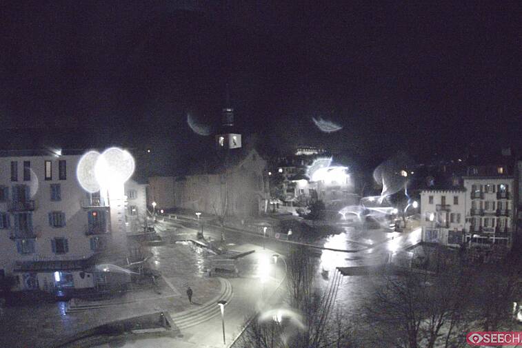 View from a webcam at the back of Chamonix's Cinema overlooking the Chamonix tourist office, the Catholic church, and the Maison de la Montagne