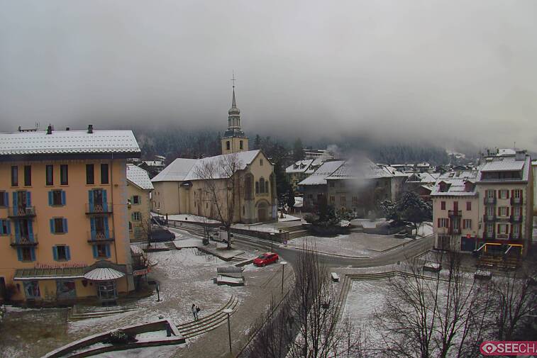 View from a webcam at the back of Chamonix's Cinema overlooking the Chamonix tourist office, the Catholic church, and the Maison de la Montagne