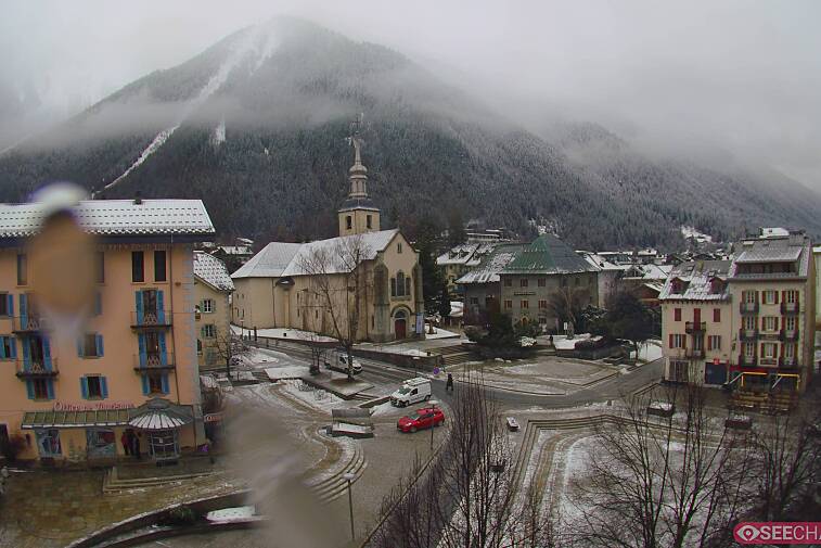 View from a webcam at the back of Chamonix's Cinema overlooking the Chamonix tourist office, the Catholic church, and the Maison de la Montagne