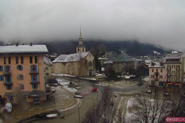 View from a webcam at the back of Chamonix's Cinema overlooking the Chamonix tourist office, the Catholic church, and the Maison de la Montagne