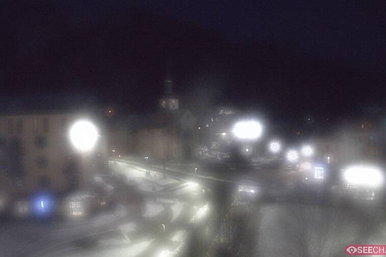 View from a webcam at the back of Chamonix's Cinema overlooking the Chamonix tourist office, the Catholic church, and the Maison de la Montagne