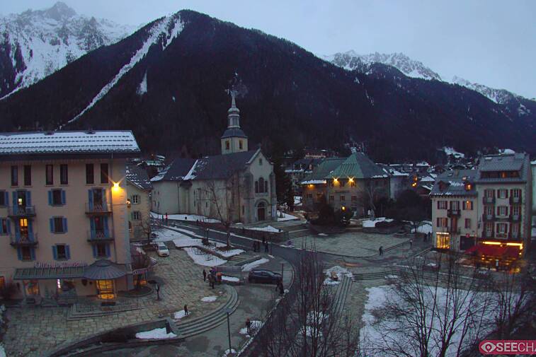 View from a webcam at the back of Chamonix's Cinema overlooking the Chamonix tourist office, the Catholic church, and the Maison de la Montagne
