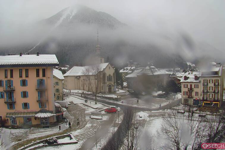 View from a webcam at the back of Chamonix's Cinema overlooking the Chamonix tourist office, the Catholic church, and the Maison de la Montagne