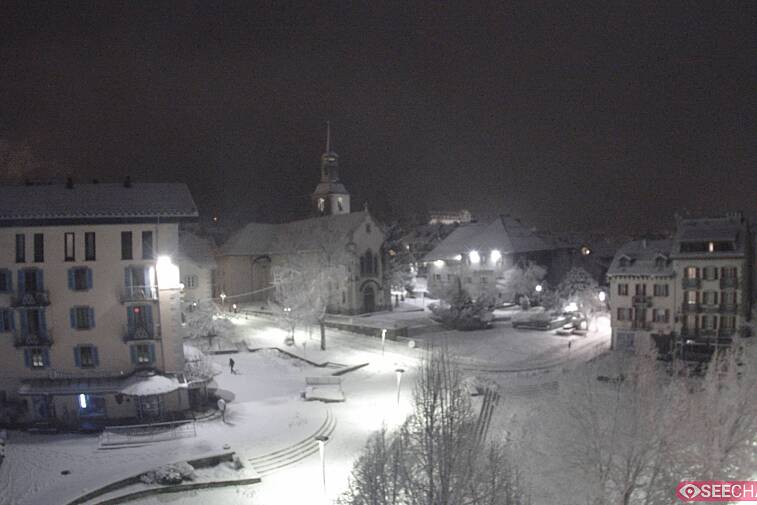 View from a webcam at the back of Chamonix's Cinema overlooking the Chamonix tourist office, the Catholic church, and the Maison de la Montagne