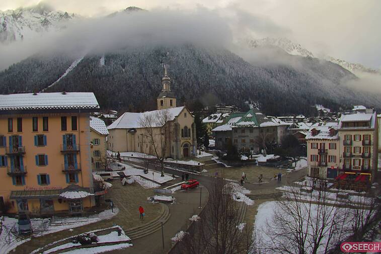 View from a webcam at the back of Chamonix's Cinema overlooking the Chamonix tourist office, the Catholic church, and the Maison de la Montagne