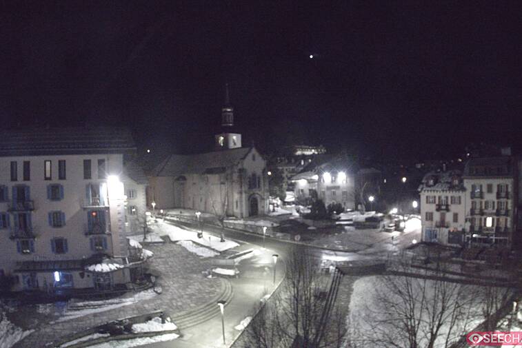 View from a webcam at the back of Chamonix's Cinema overlooking the Chamonix tourist office, the Catholic church, and the Maison de la Montagne