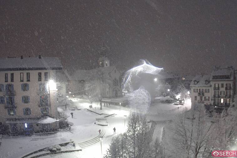 View from a webcam at the back of Chamonix's Cinema overlooking the Chamonix tourist office, the Catholic church, and the Maison de la Montagne