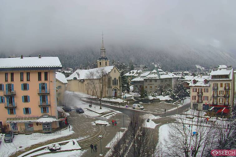 View from a webcam at the back of Chamonix's Cinema overlooking the Chamonix tourist office, the Catholic church, and the Maison de la Montagne