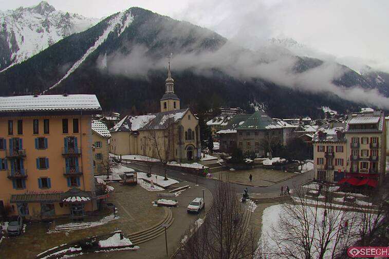 View from a webcam at the back of Chamonix's Cinema overlooking the Chamonix tourist office, the Catholic church, and the Maison de la Montagne