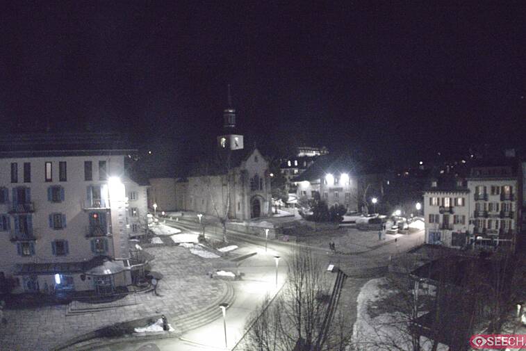 View from a webcam at the back of Chamonix's Cinema overlooking the Chamonix tourist office, the Catholic church, and the Maison de la Montagne