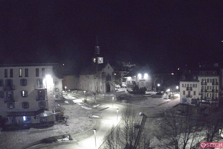 View from a webcam at the back of Chamonix's Cinema overlooking the Chamonix tourist office, the Catholic church, and the Maison de la Montagne