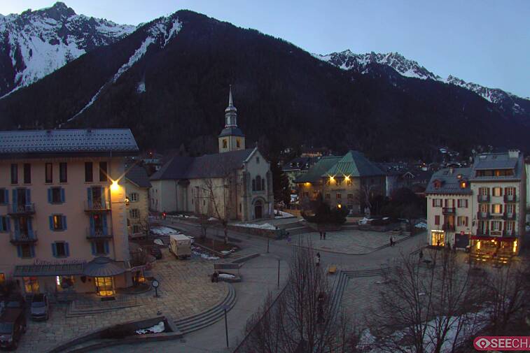 View from a webcam at the back of Chamonix's Cinema overlooking the Chamonix tourist office, the Catholic church, and the Maison de la Montagne