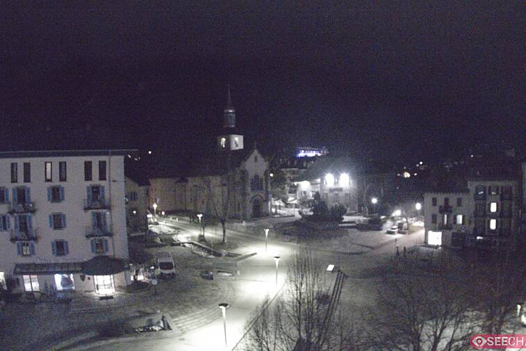 View from a webcam at the back of Chamonix's Cinema overlooking the Chamonix tourist office, the Catholic church, and the Maison de la Montagne