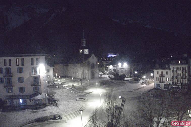 View from a webcam at the back of Chamonix's Cinema overlooking the Chamonix tourist office, the Catholic church, and the Maison de la Montagne